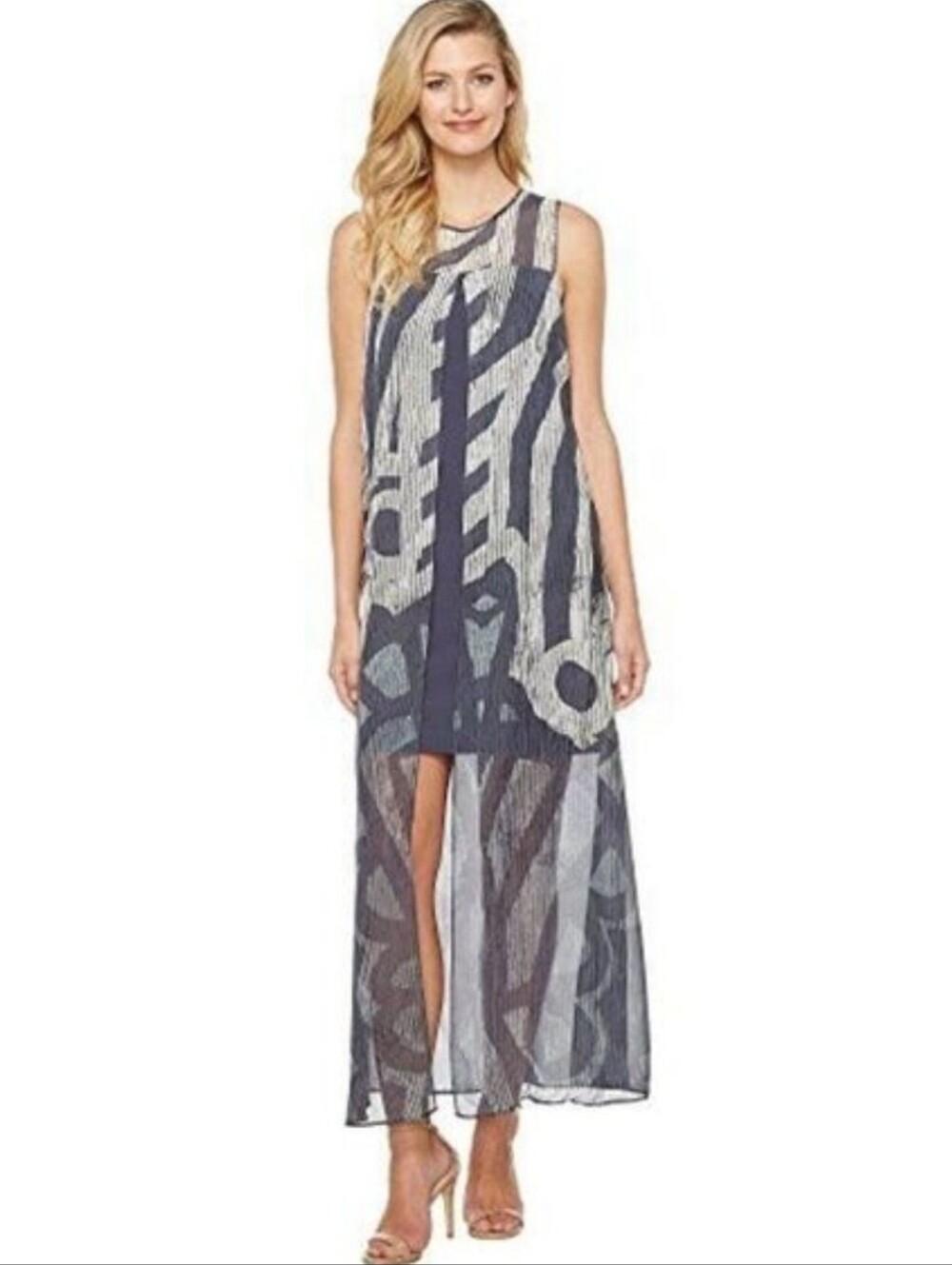 NIC+ZOE blue and white abstract print sheer split overlay maxi dress